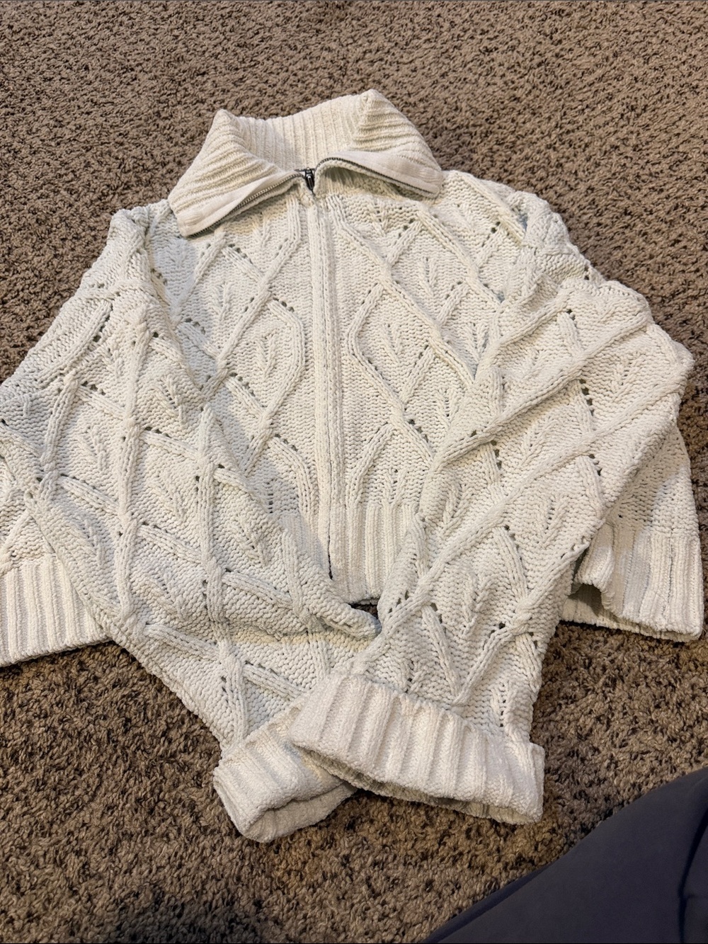 Pink Rose Cream Chenille Quarter Zip Open Knit Sweater Size M